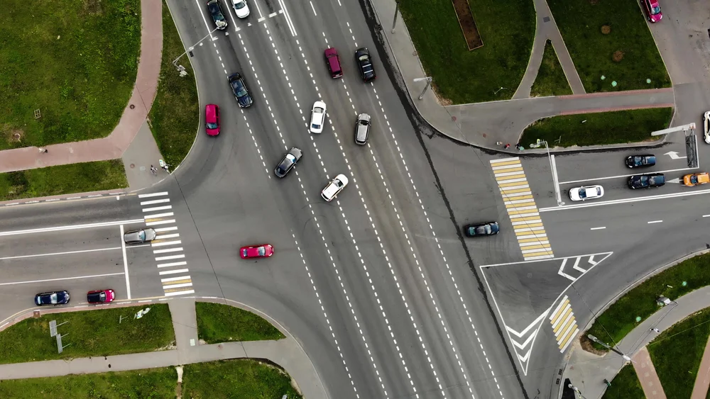 Overhead view of traffic intersection