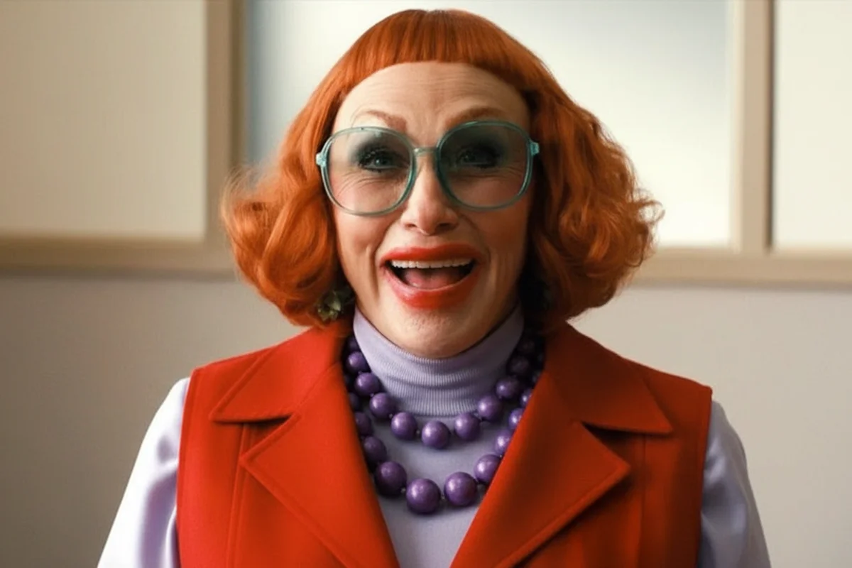 Woman dressed up like Aunt Gladys from Weapons