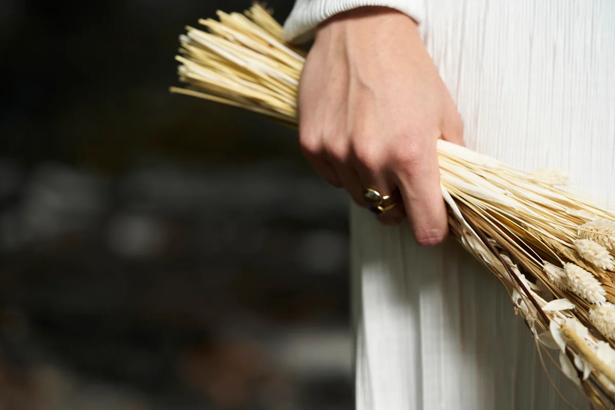 Hand holding a sheaf of wheat
