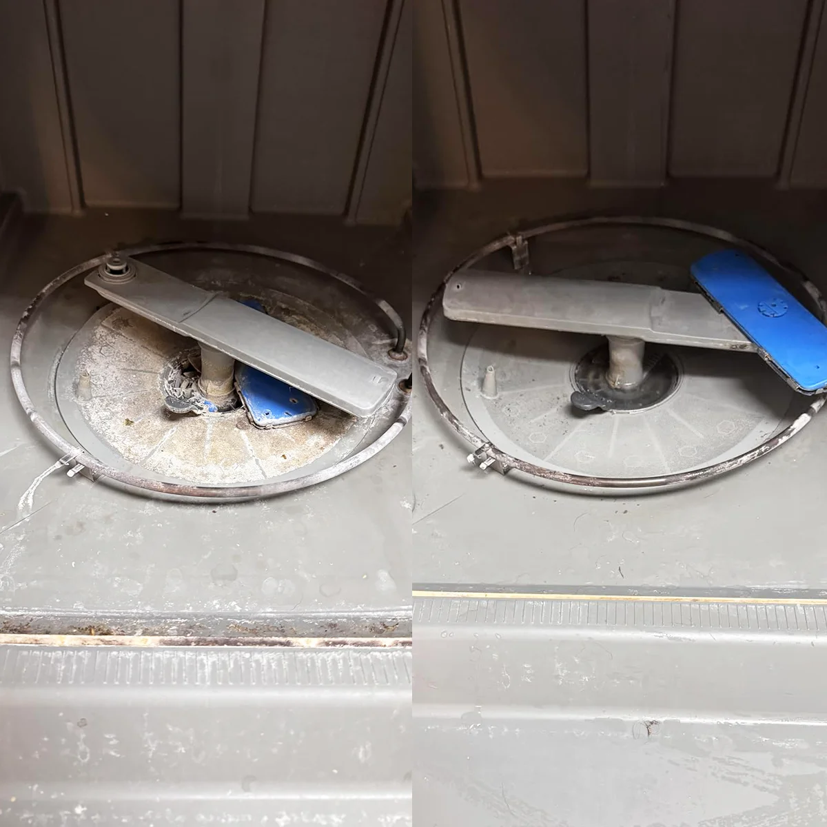 Before and after photos of a dishwasher cleaned with Active tablets