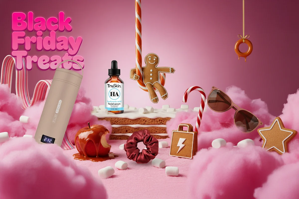 Holiday sweets, caramel canes, cotton candy, ginger biscuits, marshmallows, and a selection of Amazon products, Truskin Hyaluronic acid facial serum, hair scrunchy, Rayban Sunglasses, Portable Kettle