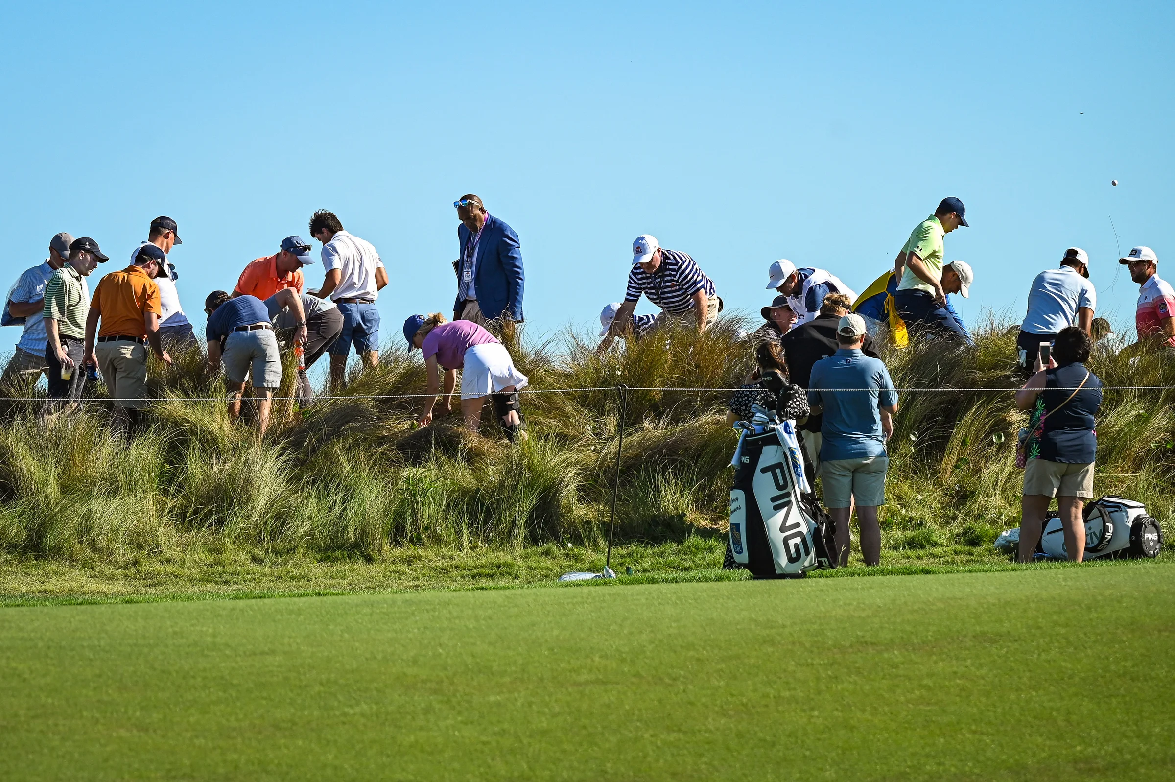 Golfers and fans search for a lost golf ball