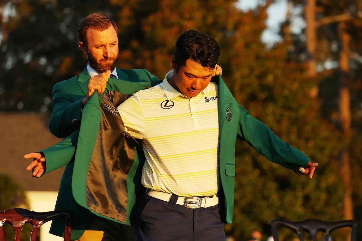 Hideki Matsuyama wearing Masters green jacket