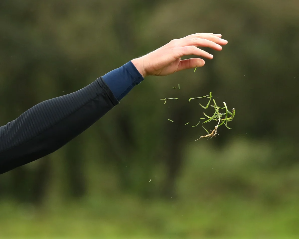 Golfer tossing grass into wind