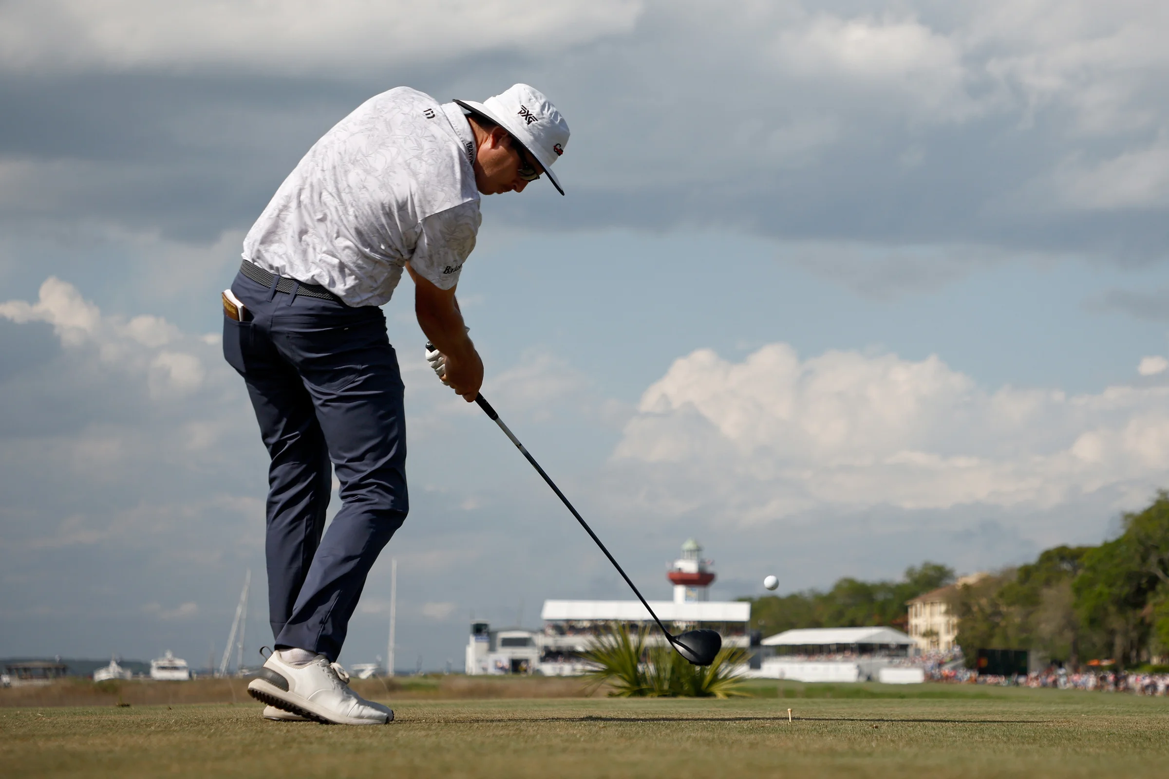 Joel Dahmen tees off on the 18th hole at Harbour Town at the 2022 RBC Heritage