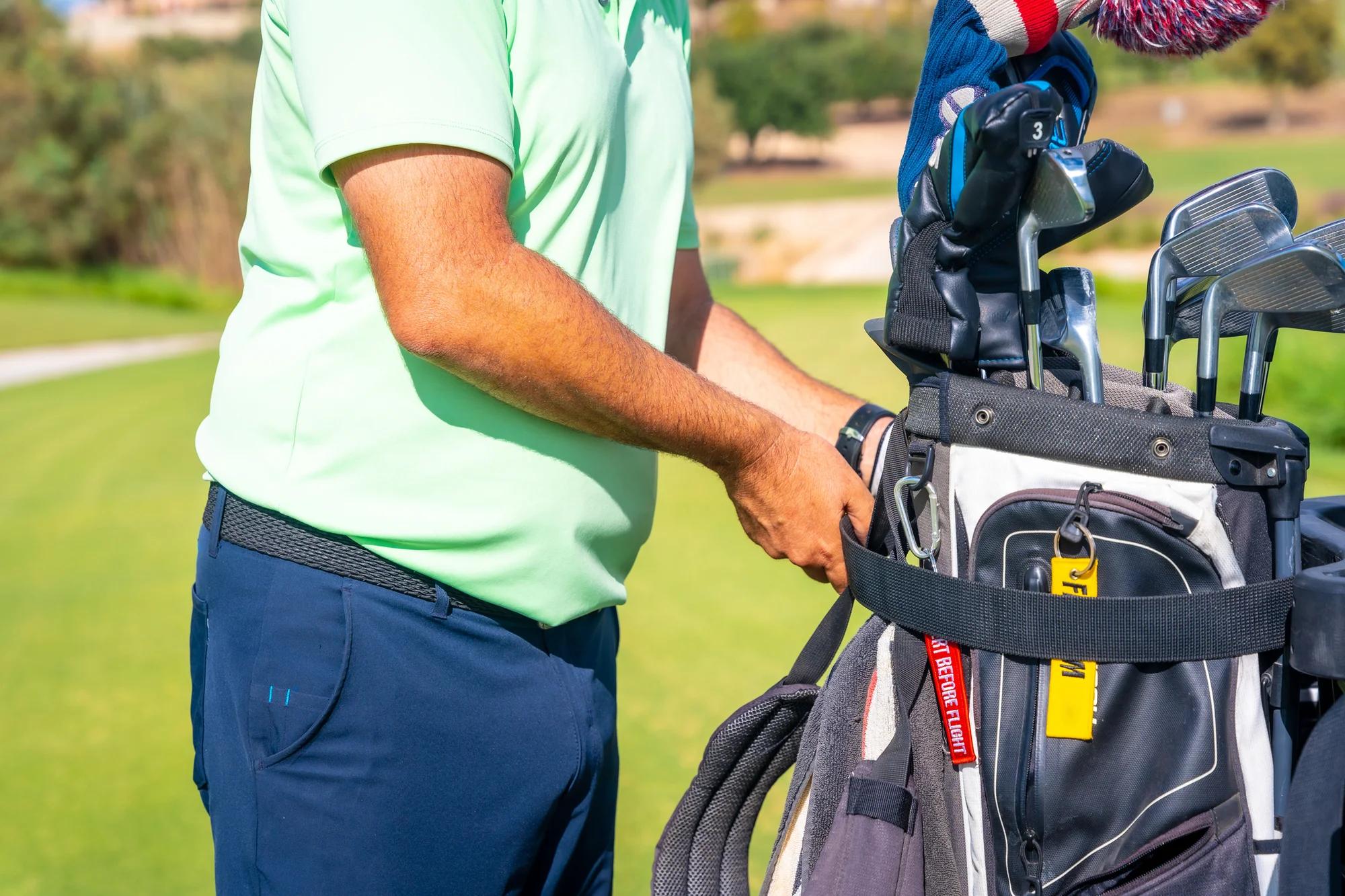 14-divider golf bag loaded on a cart