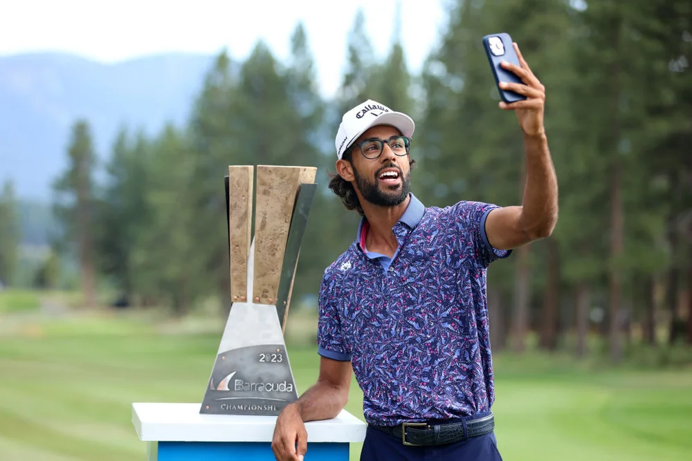Akshay Bhatia poses after winning the Barracuda Championship