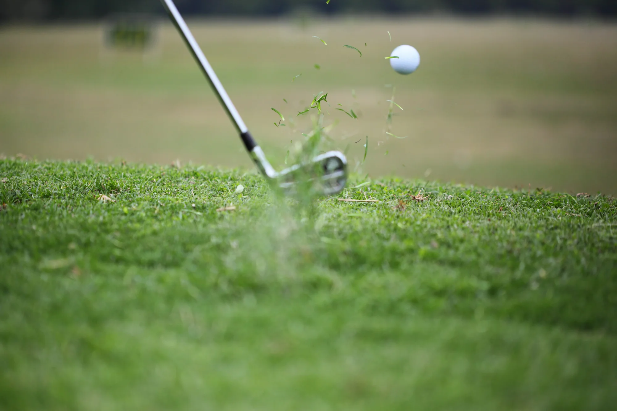 Golf club, ground and ball at impact with blades of grass flying
