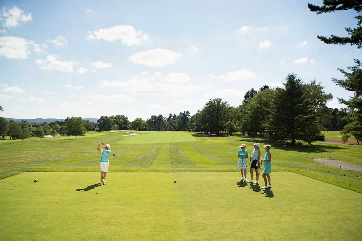 Four golfers at tee box