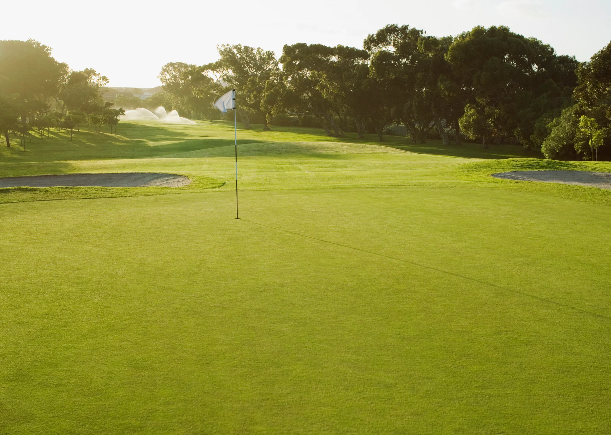 Golf green with the hole cut in the front, protected by a bunker