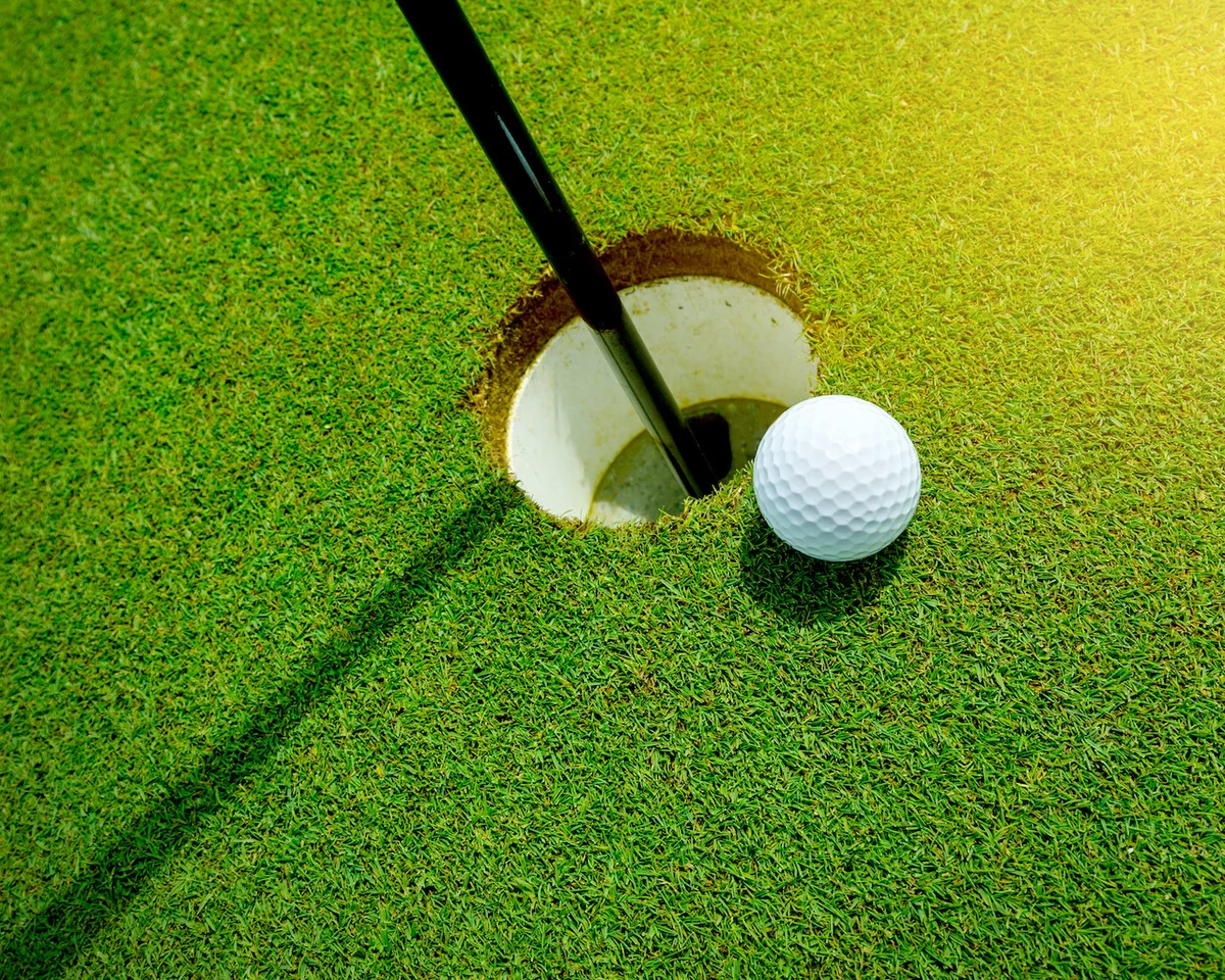 golf ball next to hole on green