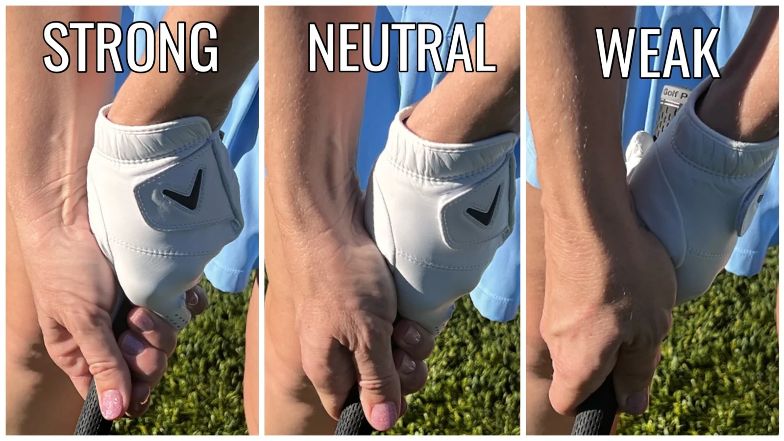 Strong, neutral and weak golf grips close up