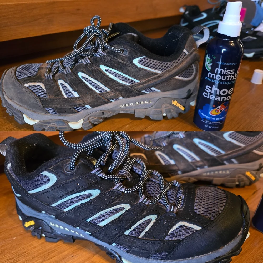 Hiking boots before and after shoe cleaner