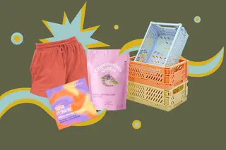 A composition of Amazon products, shorts, silicone face patches, coffee pouch, and collapsable color boxes
