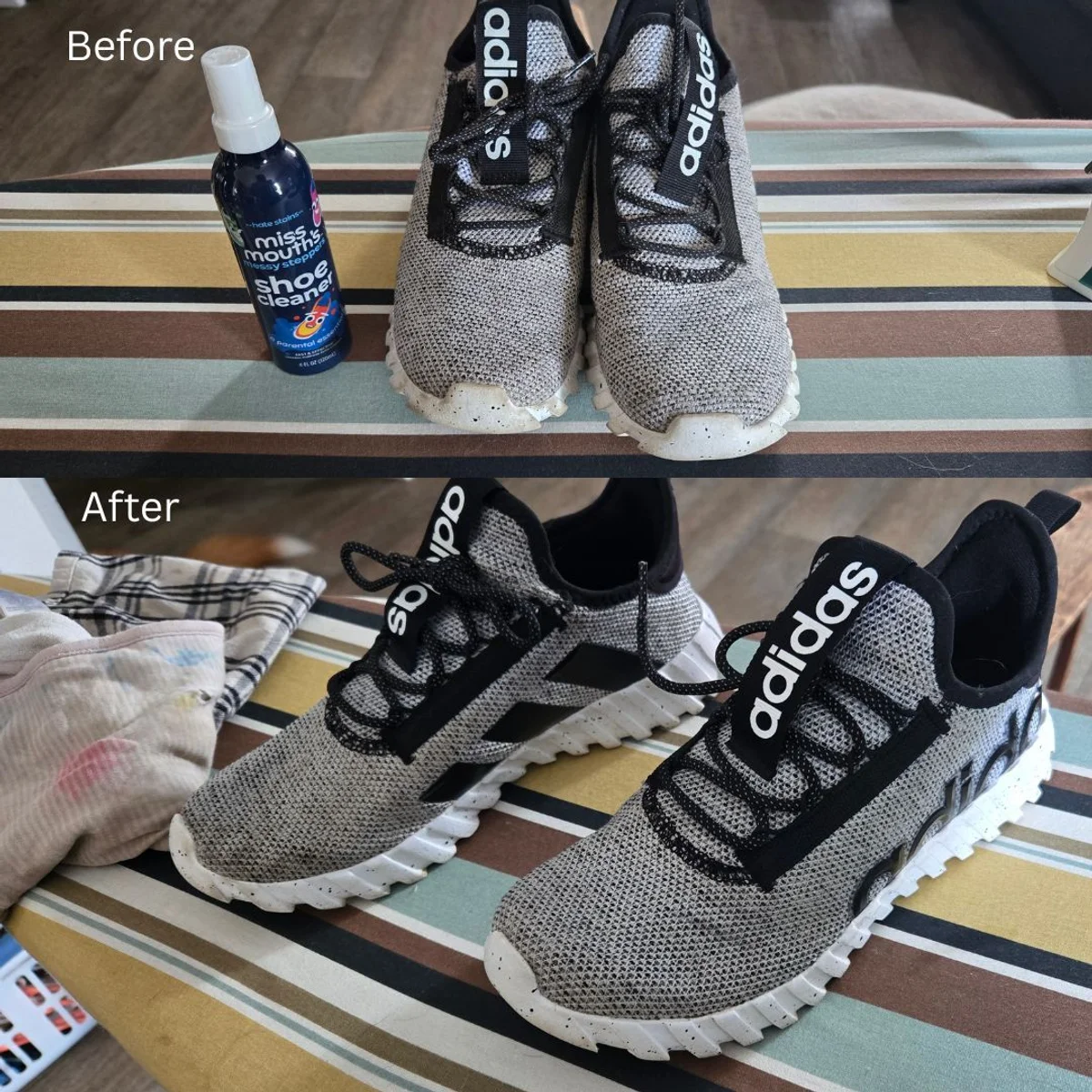 Shoes before and after using MIss Mouth shoe cleaner
