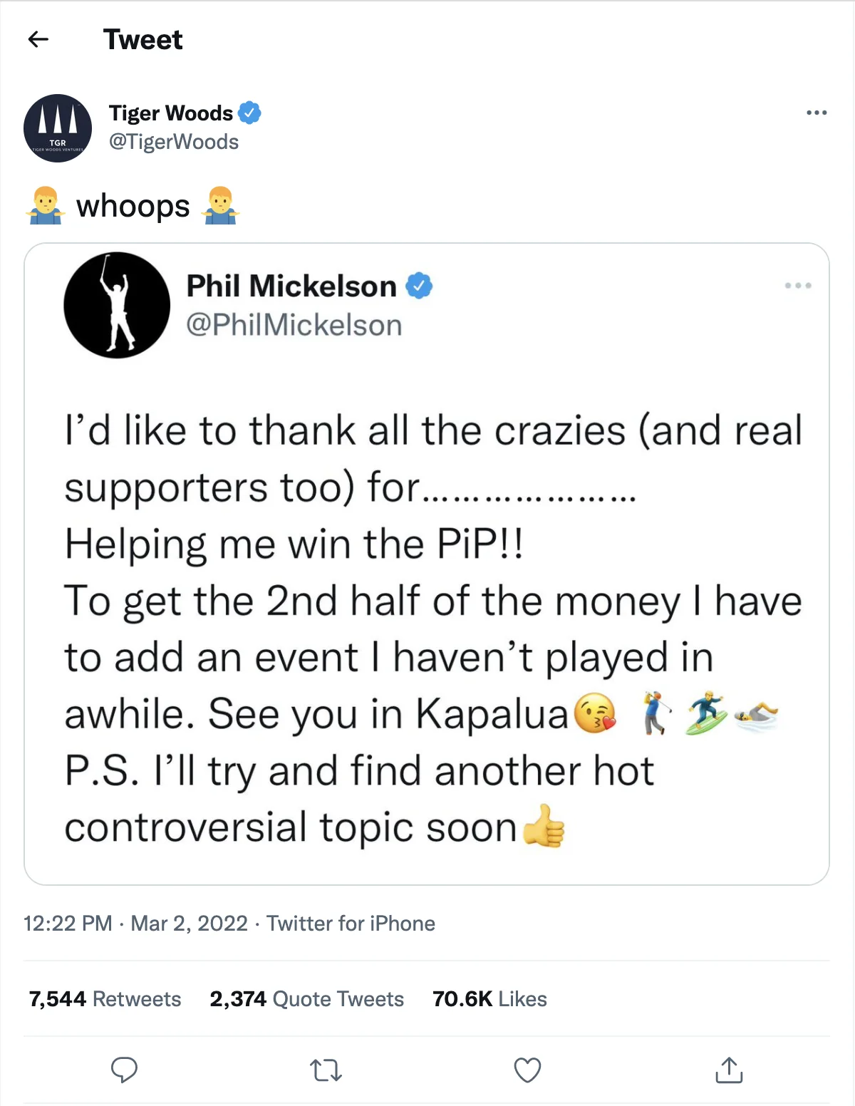 Tiger Woods tweet