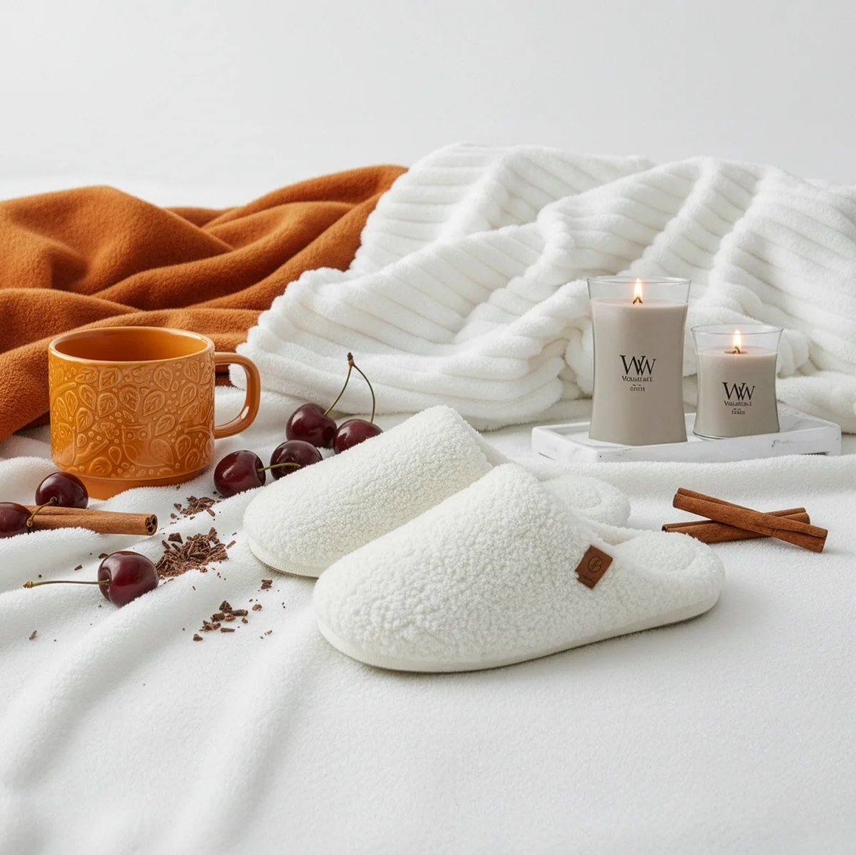 Cozy Blankets, cherries, sleepers, candles, cinnamon sticks, tea cups