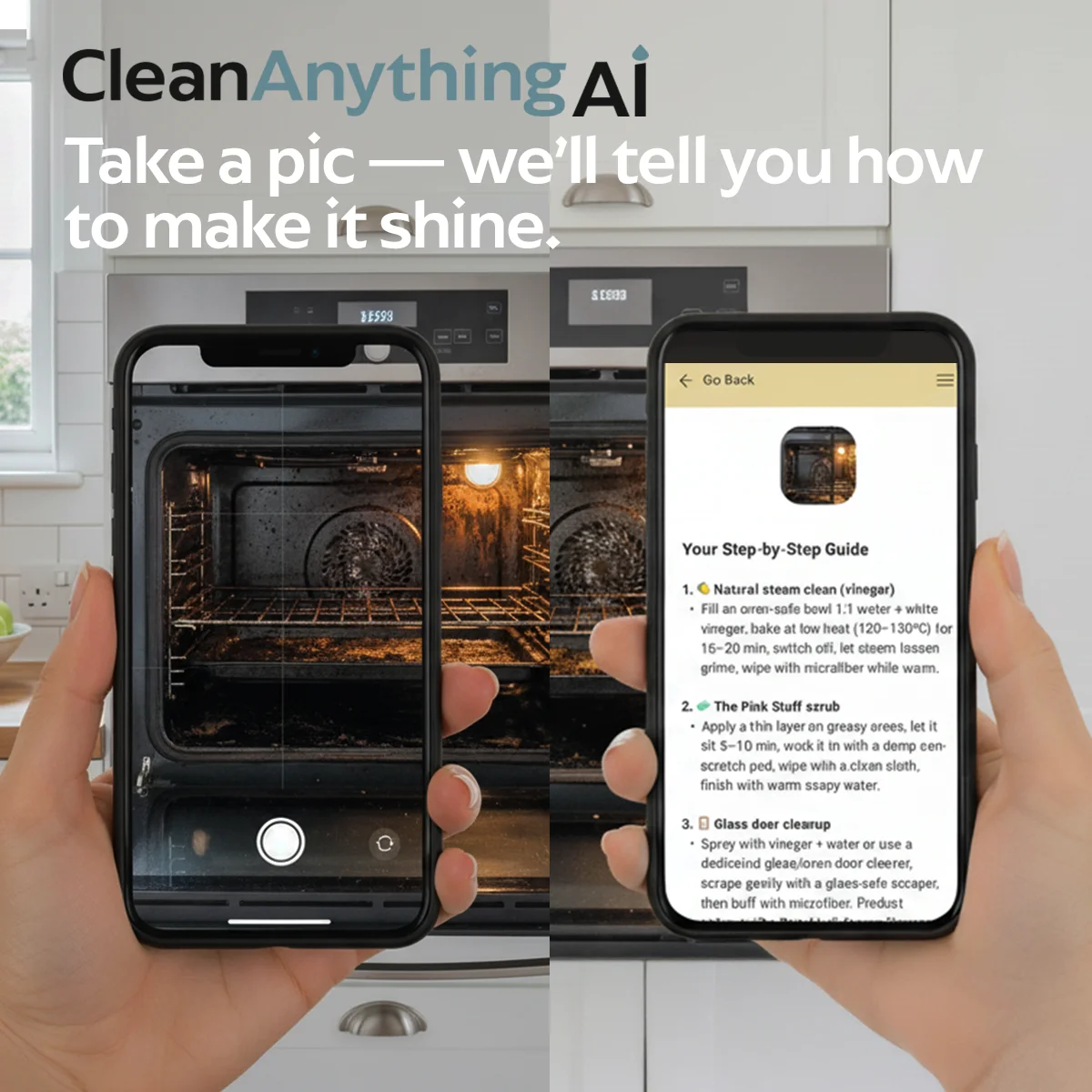 Taking a picture of a dirty oven with a phone, then checking the results on the same phone of how to clean the oven 