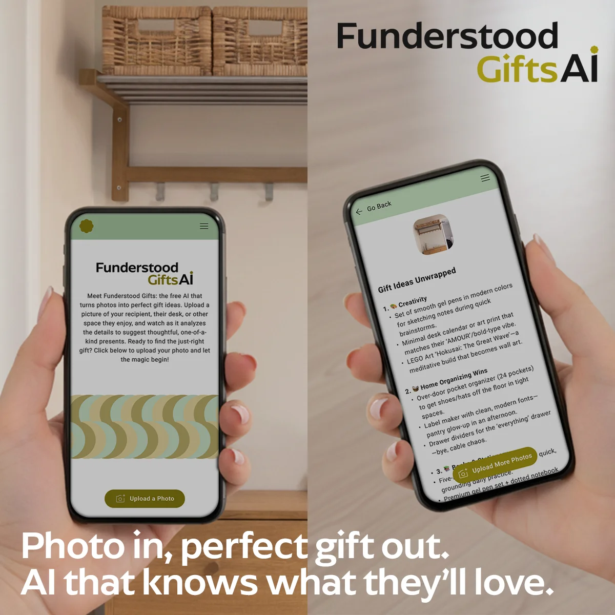 Woman holding a Phone, using the mini web, taking a picture and then showing the gift ideas results