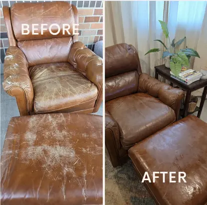 Before and after photos of a leather chair treated with Leather Honey
