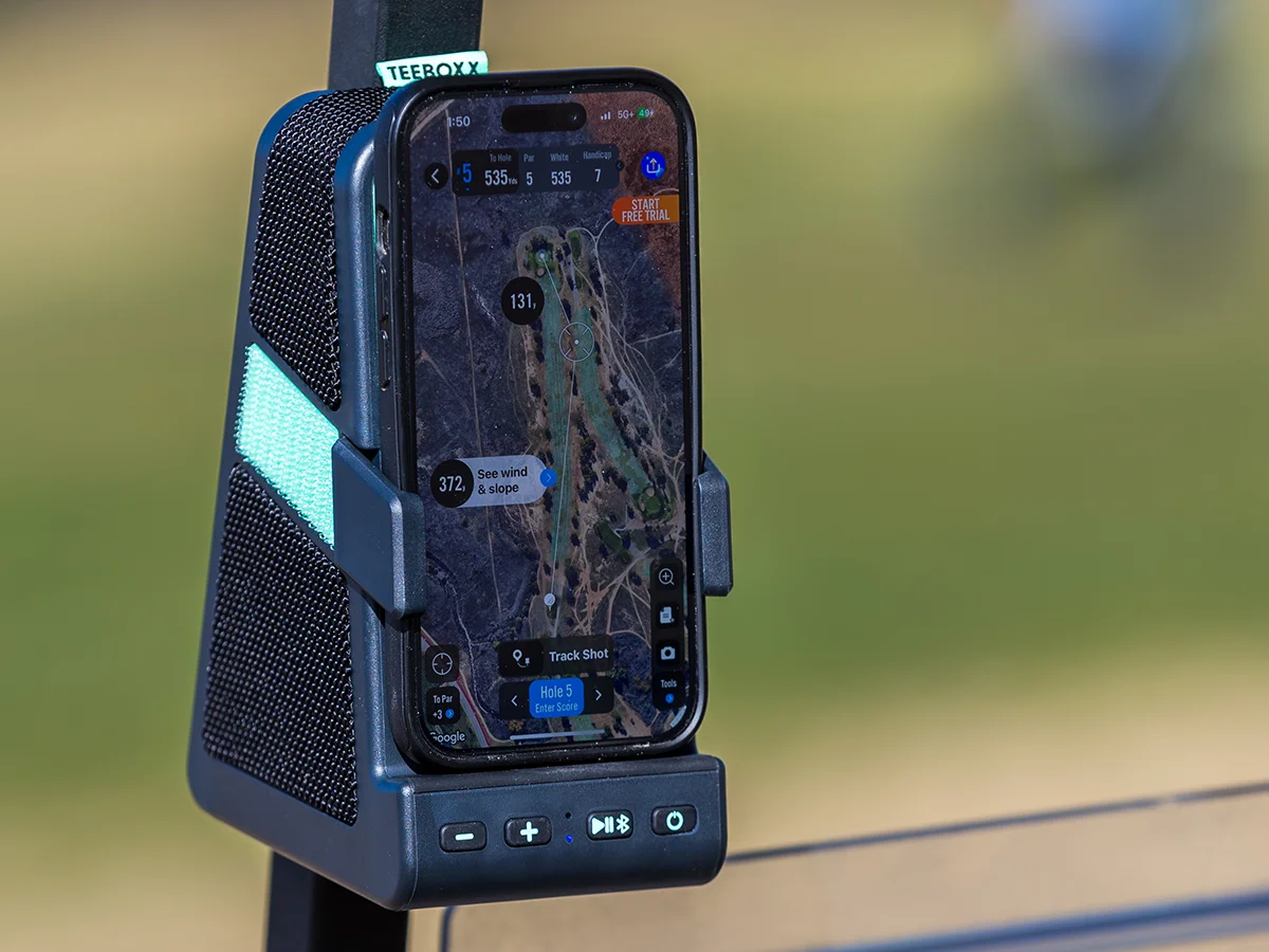 TeeBoxx in use on a golf cart