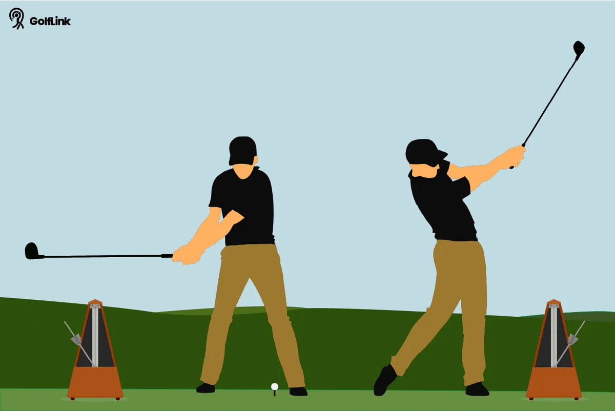 Golfer's backswing and follow through with metronome