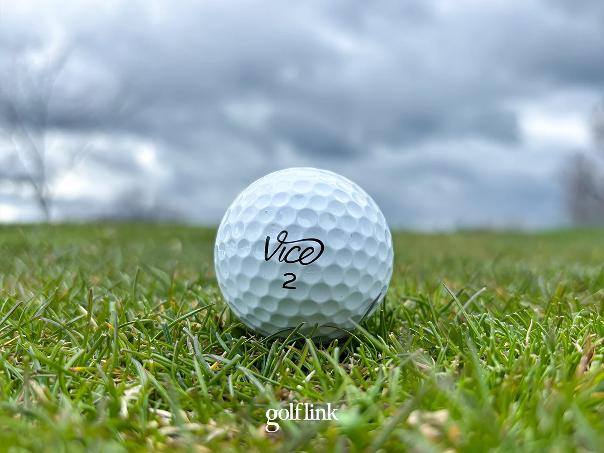 Vice Pro golf ball on a golf course during a GolfLink photo shoot